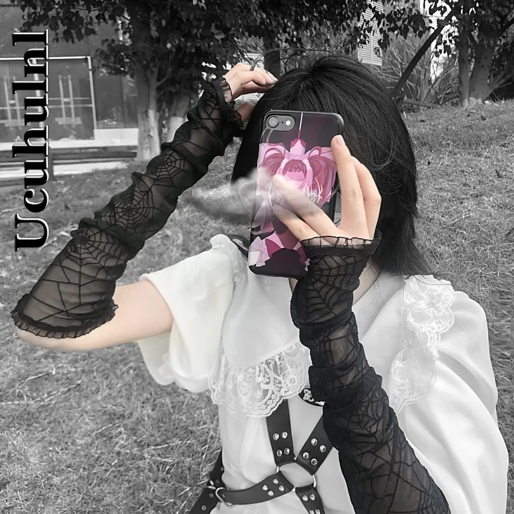 

Ucuhulnl Harajuku Punk Black Spider Web Gloves Cosplay Women Half Finger Length Sleeve Gothic Fingerless Lace Mesh Mittens