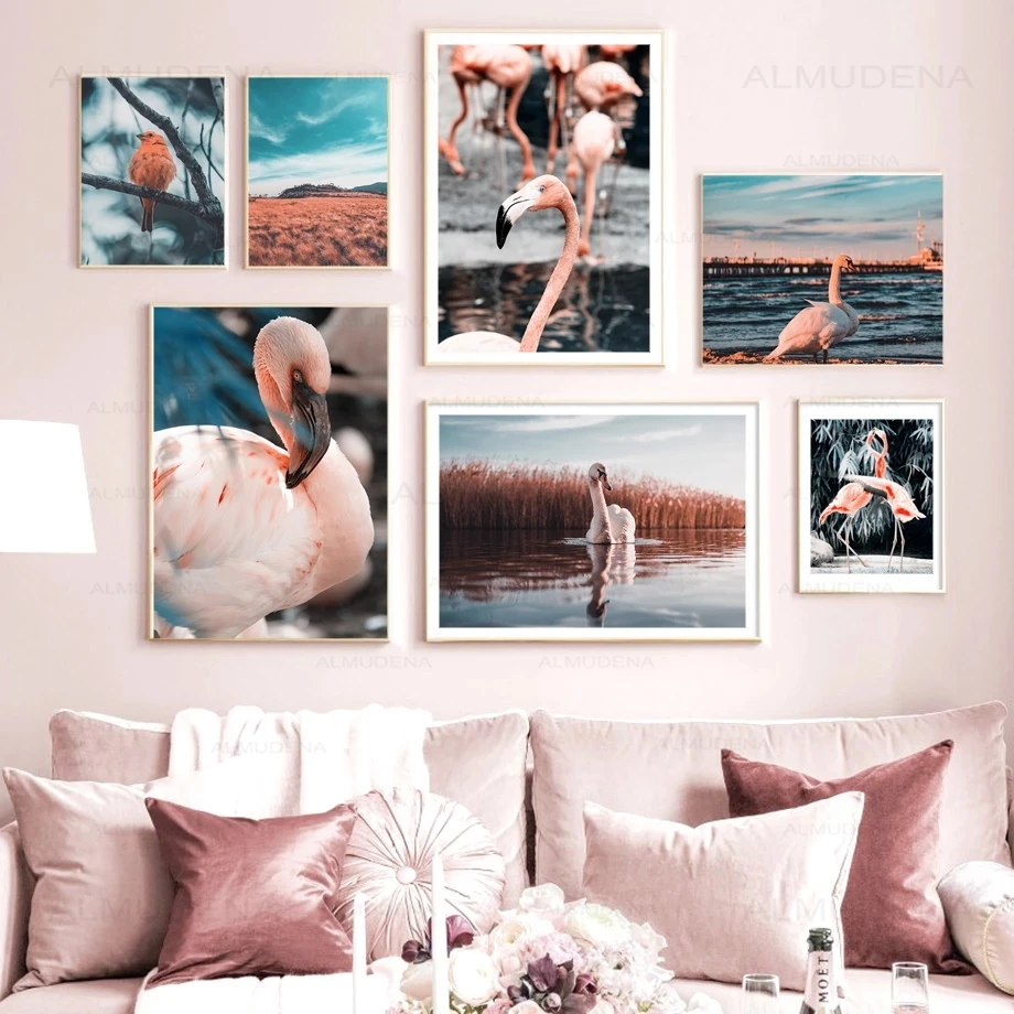 Розовый фламинго Лебедь птица пейзаж настенная живопись холст скандинавский