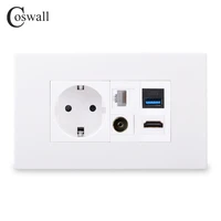 coswall pc panel eu wall power socket tv cat6 rj45 internet jack female to female hdmi compatible 2 0 usb 3 0 connector
