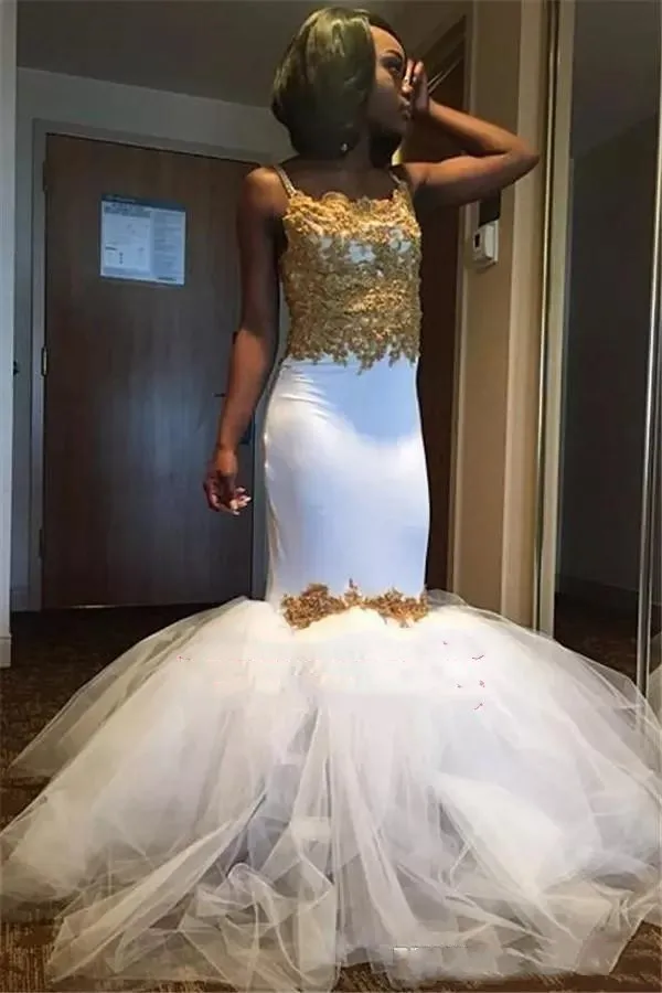 

2019 White And Gold Mermaid Prom Dresses for Black Girl Puffy Ruched Tulle Skirts African Special Occasion Evening Gowns Custom