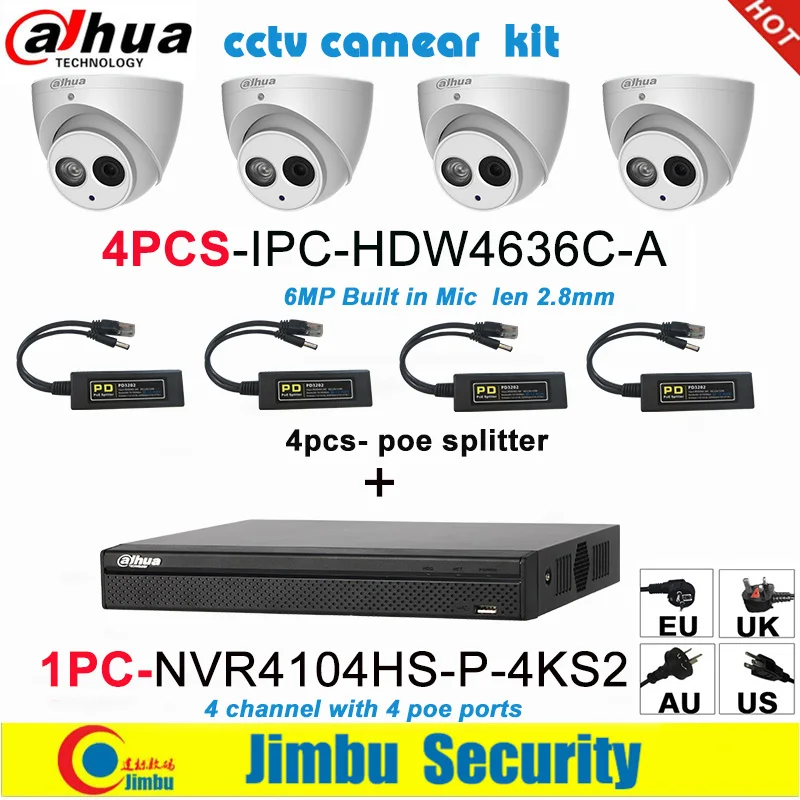 Dahua система камеры NVR комплект 4CH 4K видео рекордер NVR4104HS P 4KS2 & 6MP IP камера 4 шт IPC HDW4636C