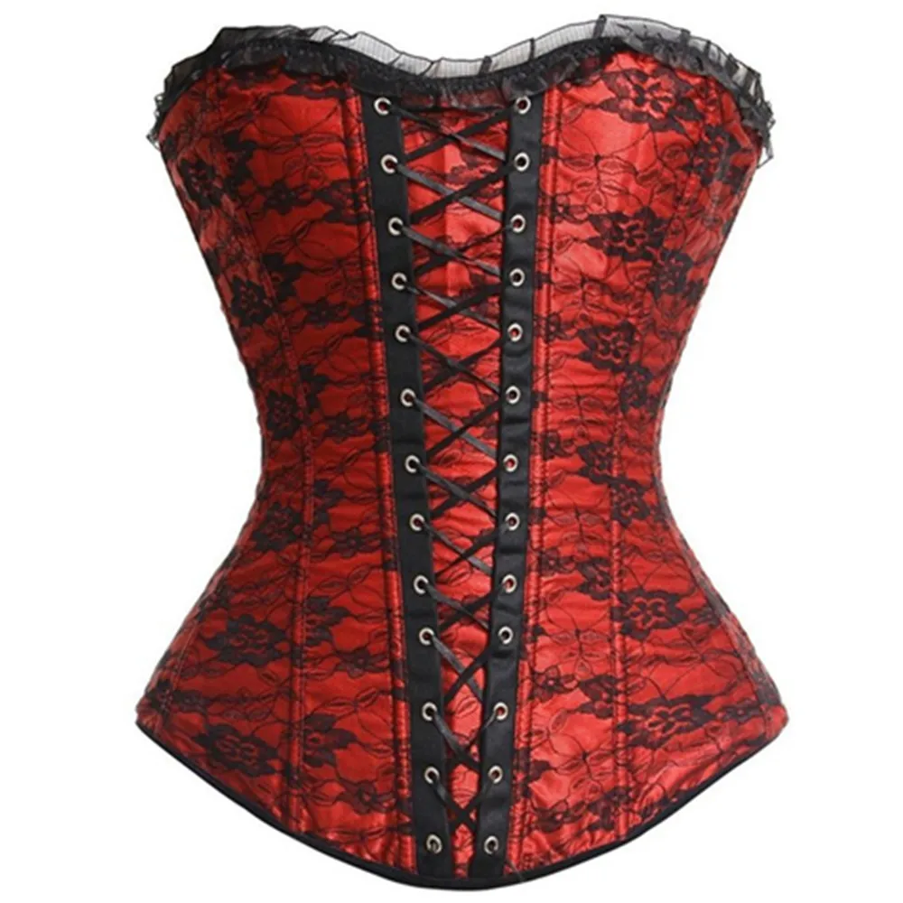 

Sexy Women Black Red Burlesque Lace Overlay Lace Up Satin plastic bone Bustier Corset Corselet Overbust Outwear Corsets