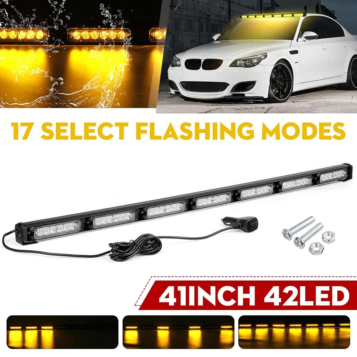 

41inch LED 12V 24V Car Truck LED Strobe Light Fireman Police Flashing Emergency Warning Lights Yellow ATV UTV Tractor Trailer