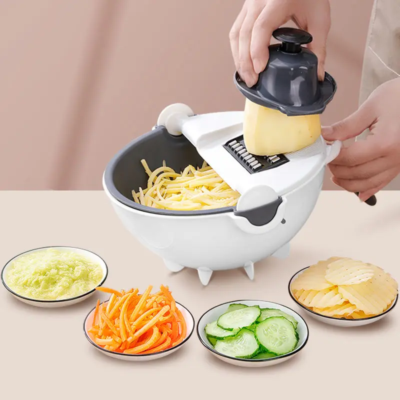 

9 In 1 Vegetable Cutter with Drain Basket Manual Veggie Chopper Fruit Shredder Grater Slicer Multifunctional Kitchen Accessories