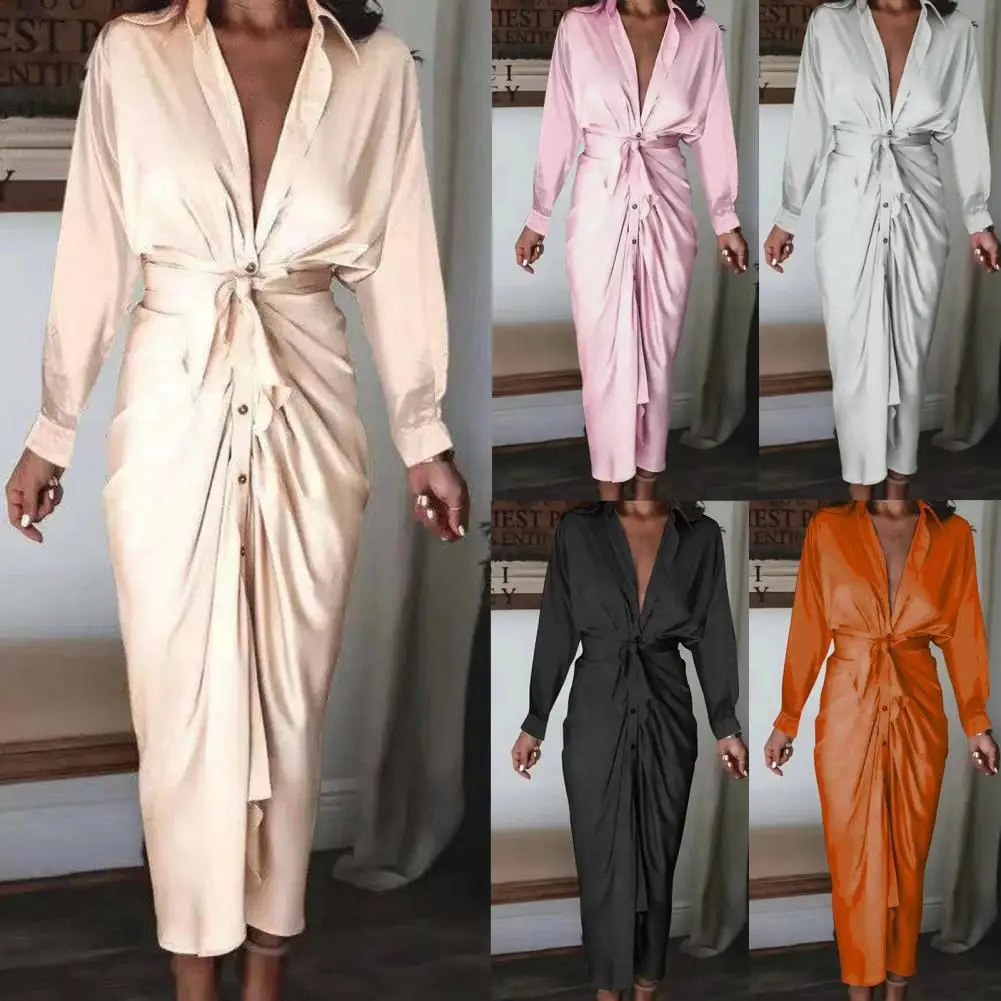 

Женское однобортное офисное платье-рубашка, Осеннее однотонное атласное платье с отложным воротником и длинным рукавом, со шнуровкой, 2021