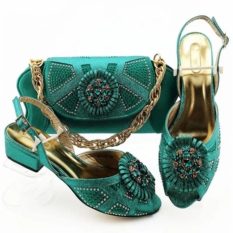 

New Arrival Nigerian Teal Color Low Heels Shoes And Bag Set 2020 Elegant Applique Ladies Shoes And Bag Set For Evening Party
