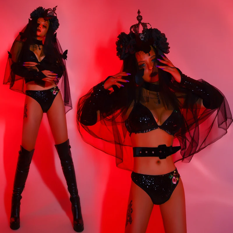 

New Nightclub Sexy Birthday Outfits For Women Cosplay Ghost Bride Sequinesd Bikini Halloween Costume Pole Dance Clothing BL4904