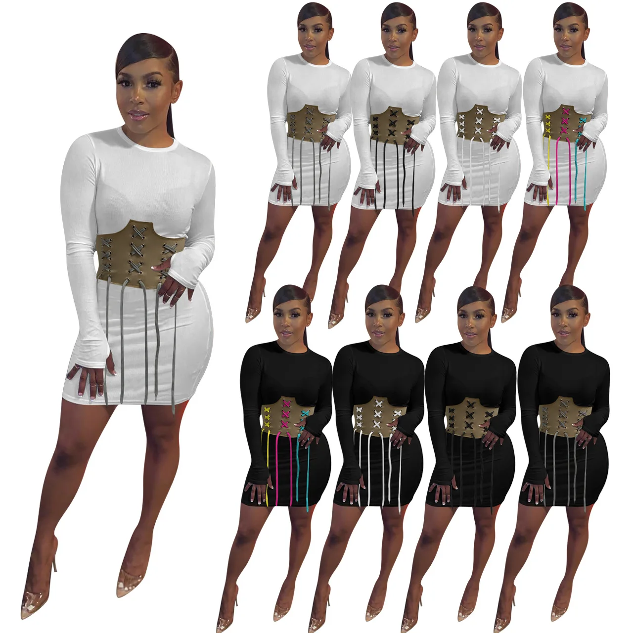 

Autumn Women's Dress 2021 New Bandage Waist Slim Bodycon Long Sleeve Mini Dress