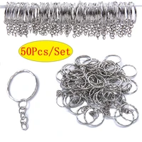 50pcs vintage silver keychains with split ring link chain key rings pendants holder rings diy key chains keyring wholesale