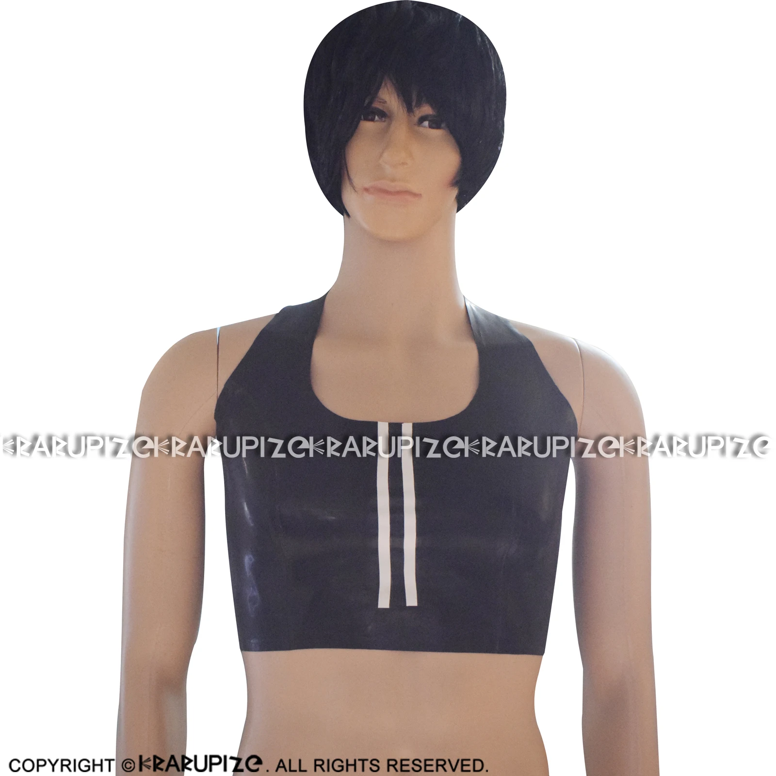 Черно-белая сексуальная латексная рубашка с лямкой на шее и полосками резиновый