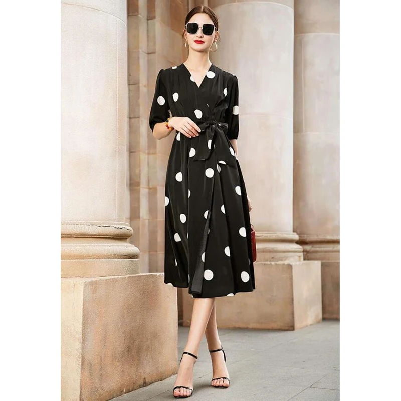 

Women Runway Dress 2020 High Quality Summer V-Neck Half Sleeves Dot Elegant Dresses Vestidos NP1173MF