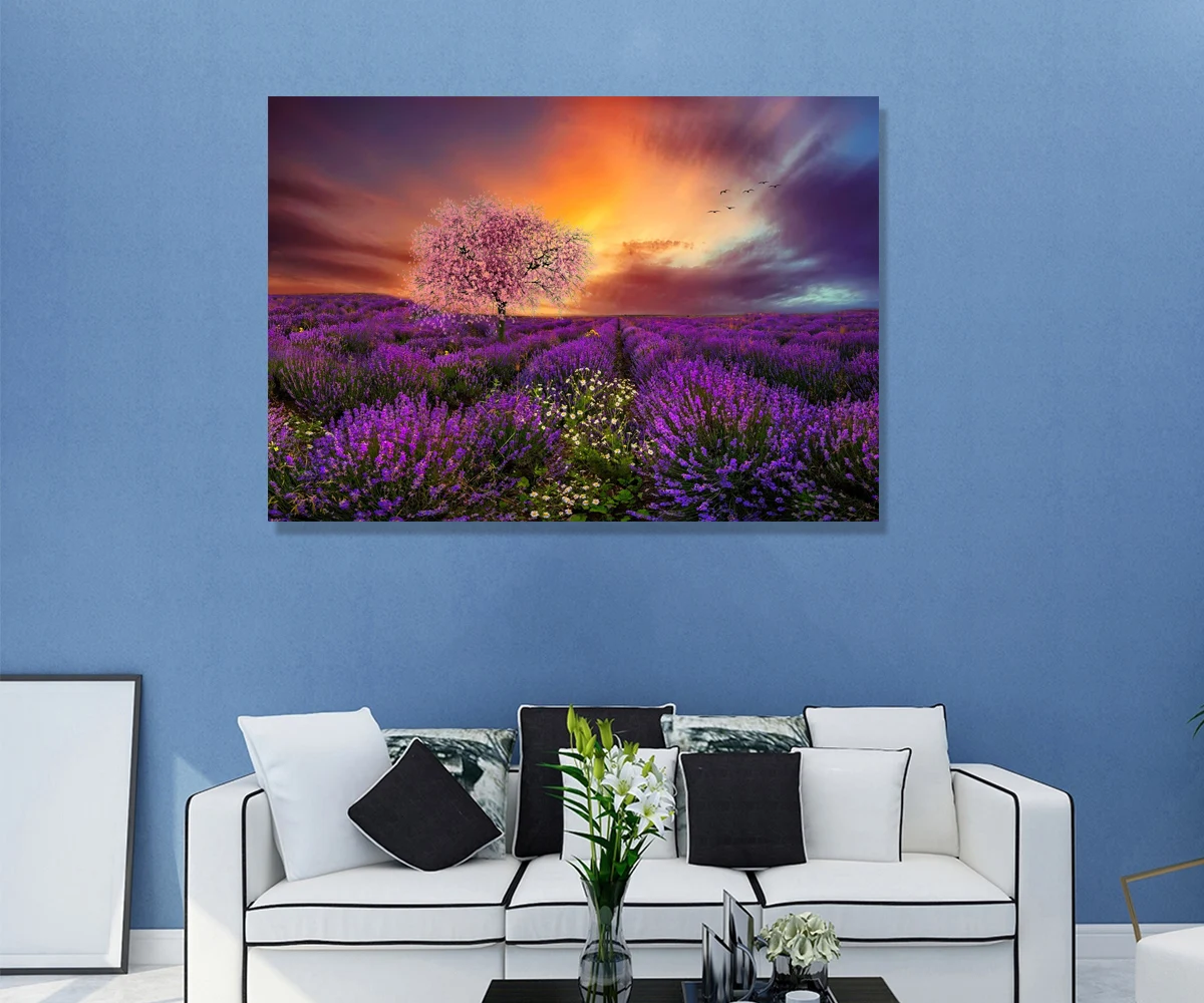 

Lavender Field Painting Framed LED Induction Light Painting Wall Pictures for Living Room Canvas Wall Art Pictures