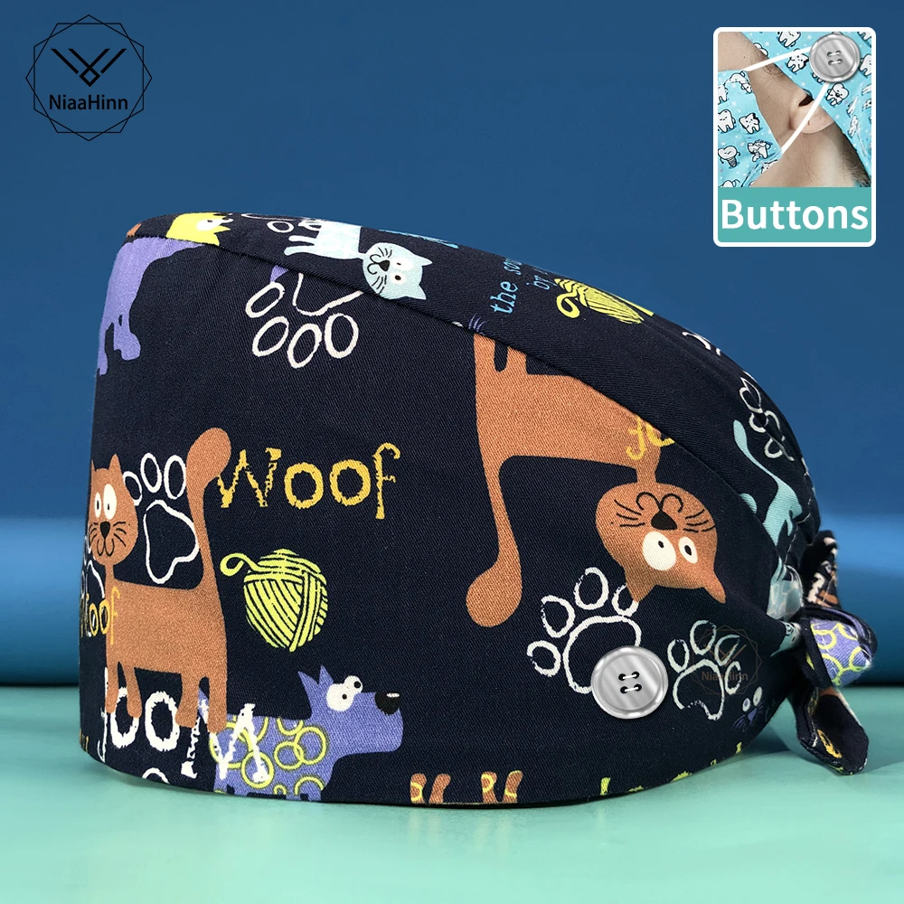 

Scrub unisex pet shop work cap dust cap beauty cap breathable print scrub adjustable new Baotou cap nursing cap Cotton wholesale