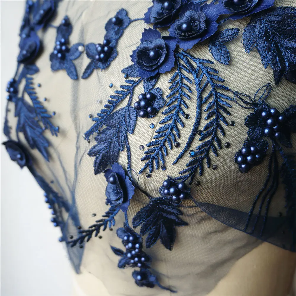 2 шт. темно-синяя кружевная ткань 3D цветок Кисточки бусины Стразы вышитая