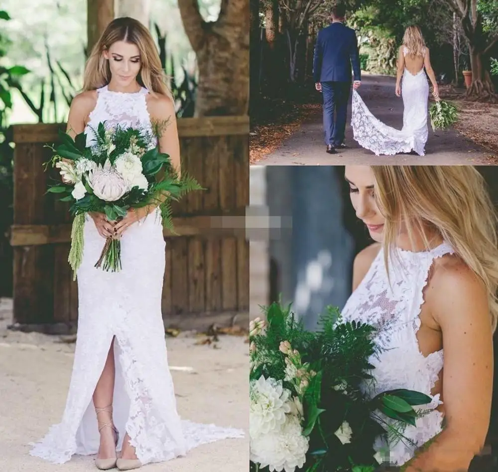 Женское кружевное свадебное платье белое простое с открытой спиной высоким