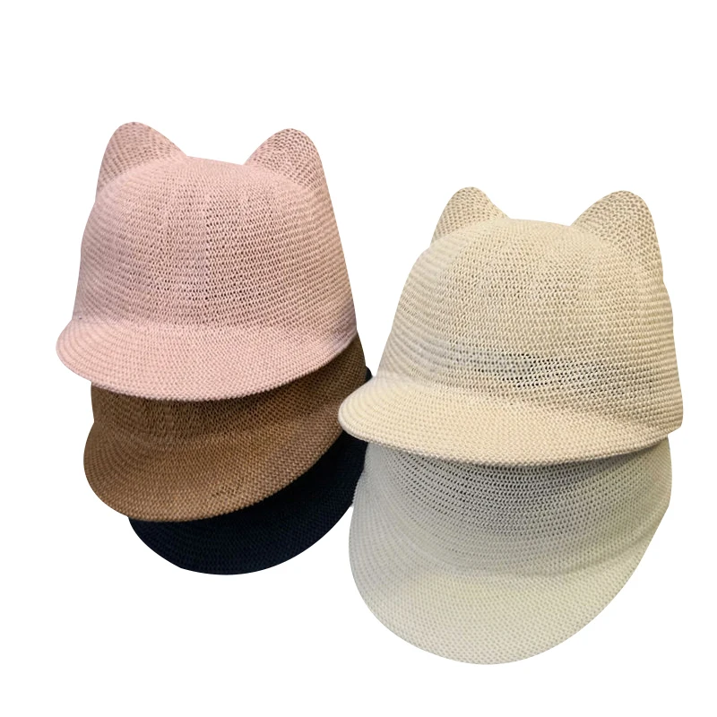 

2021 New Straw Baby Hat Cute Cartoon Summer Solid Color Baby Cap with Ears Outdoor Beach Travel Sun Protection Kid Hats 1 PC