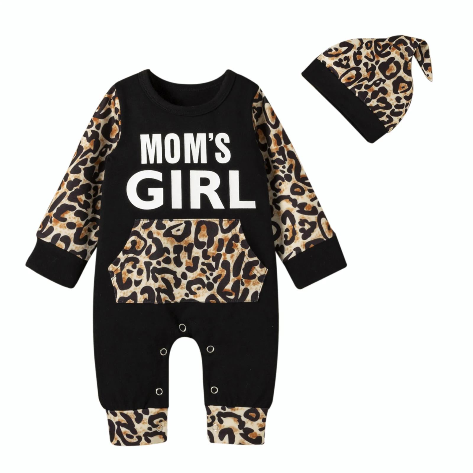 

Infant Kids Long Sleeve Round Neck Romper Hat Leopard Print Pattern Stitching Cotton Spring Autumn Clothing
