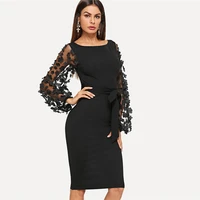 women black elegant flower applique contrast mesh sleeve matching form belted solid dress female streetwear party dresses