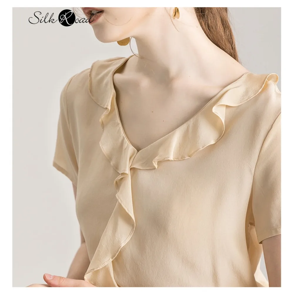 Silviye темпераментная однотонная шелковая футболка с V образным вырезом и оборками
