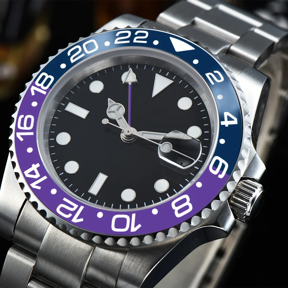 Часы автоматические GMT мужские сапфировые Кристаллы Черный стерильный циферблат