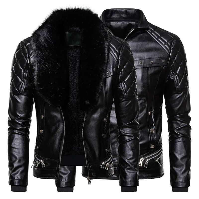 

New Men's Biker Leather Jacket Fur Collar Detachable Faux Leather Motocycle Jackets Coats Casual PU Jacket Chaqueta Moto Hombre