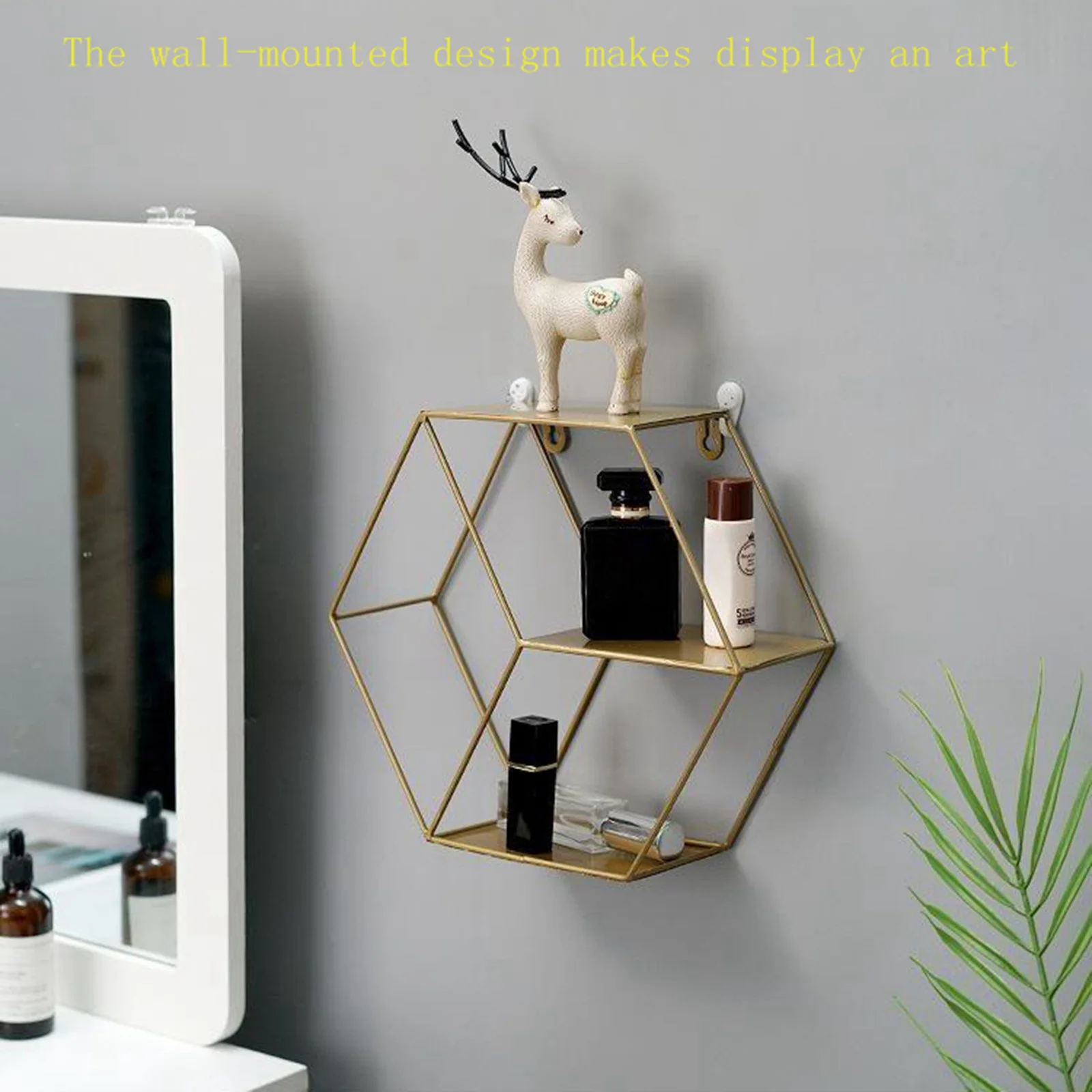 

Wall Mounted Hexagonal Floating Shelves Storage Wrought Iron Wall Rack for Bedroom, Living Room, Bathroom, Kitchen and Office