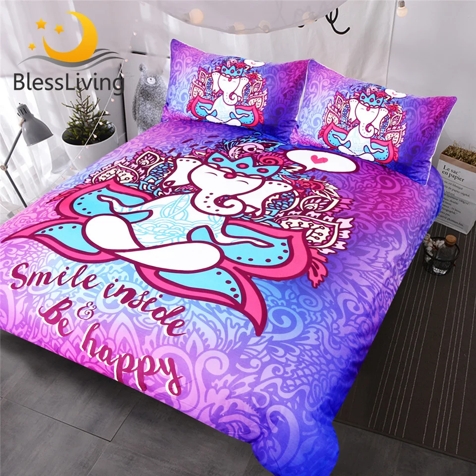 

Blessliving Cartoon Elephant Bedding Set Boho Mandala Bedclothes God Symbol Duvet Cover Purple Blue Pink Ethnic Bed Set