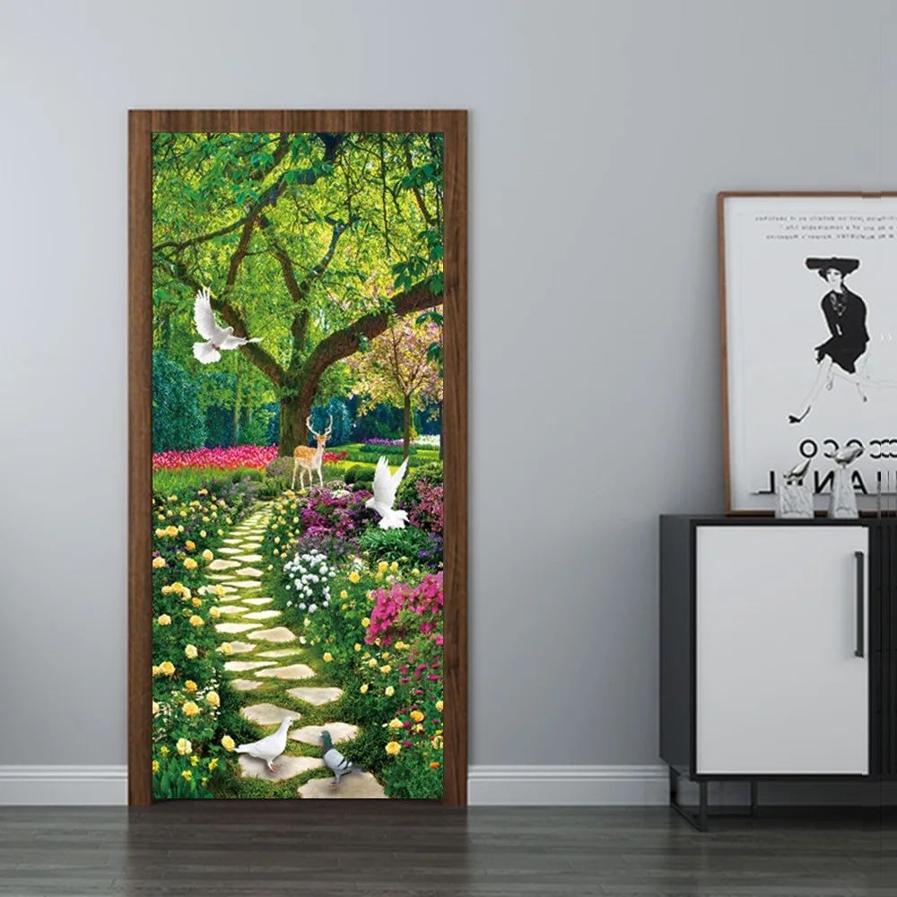 

PVC Self-Adhesive Waterproof Door Sticker 3D Flowers Background Woman Mural Modern Art Door Poster 3D Bedroom Door Decal Nature
