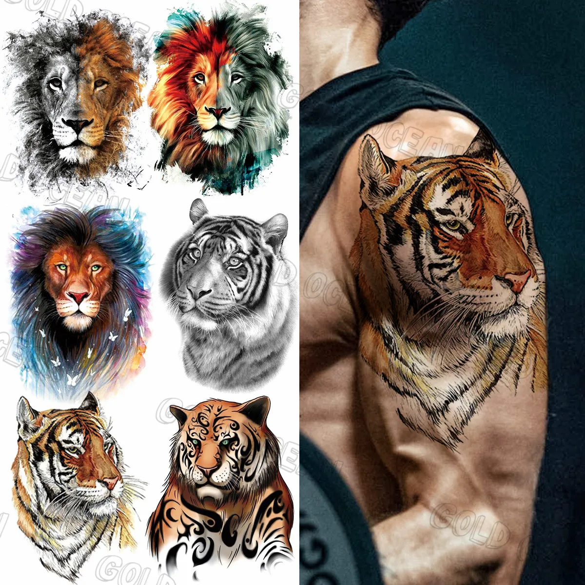 

Watercolor Half Sleeve Realistic Tiger Temporary Tattoos For Men Adults Women 3D Lion Black Tiger Fake Tattoo Sticker Arm Thigh