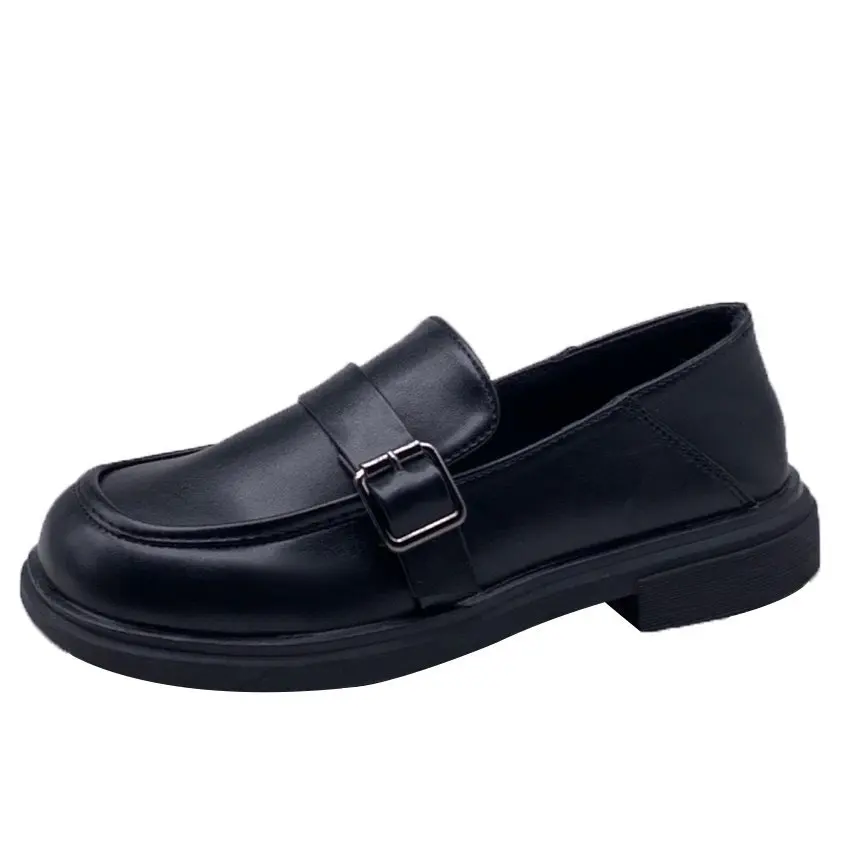 

Solid Leather Oxford Shoes for Women Shoes Woman New Slip on Square Metal Buckle Platform Shoes Round Toe Heels Casual Shoes