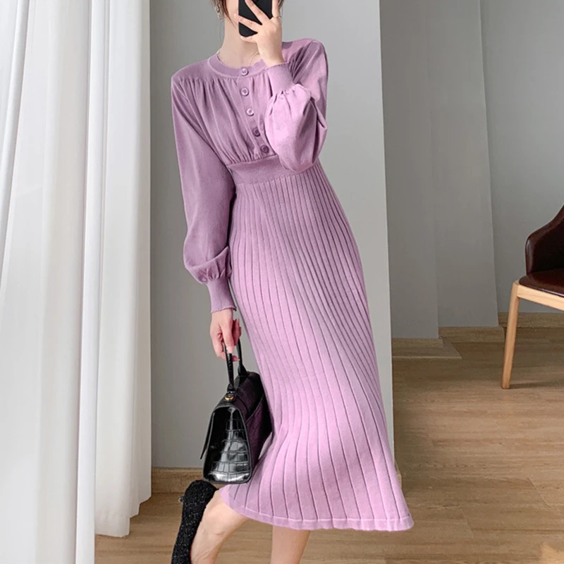 

2021 fall winter fashion midi over-the-knee sweater black dress lady lantern sleeves waist button vintage knitted dress women