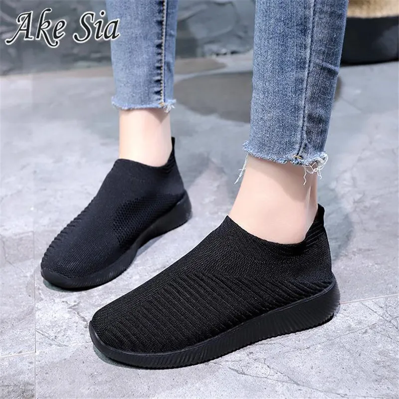 Кроссовки женские вязаные без шнуровки Вулканизированная плоская подошва