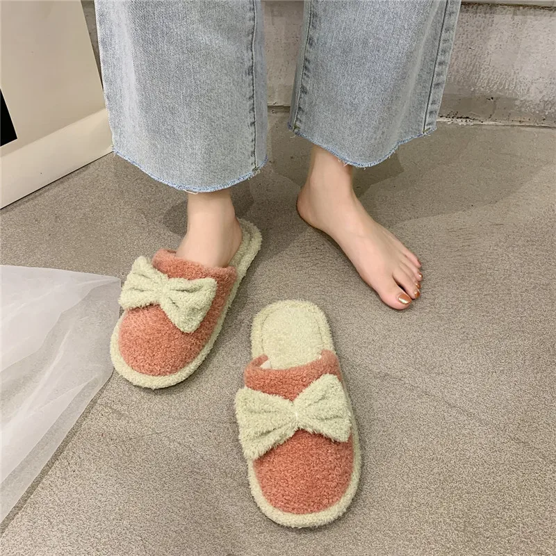 

COOTELILI Woman Slippers Winter Shoes For Women Home Slippers With Plush Bow Decoration Flats Slippers For Women 36-41