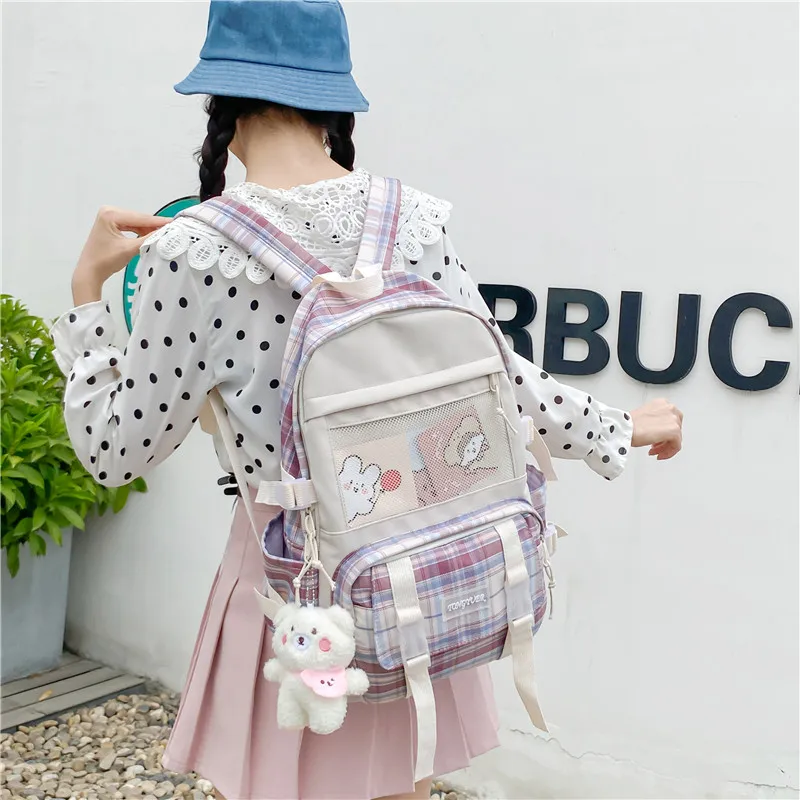 

2021 New Large Capacity Fashionable Schoolgirl Backpack Korean Japanese Plaid Women Schoolbag Nylon Waterproof Back Bag Travel