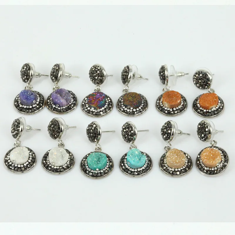 

Round Water Drop Grey Black Druzy Stone Charms Pave Small Black White Rhinestone Connector Dangle Earring For Women Girl Gift