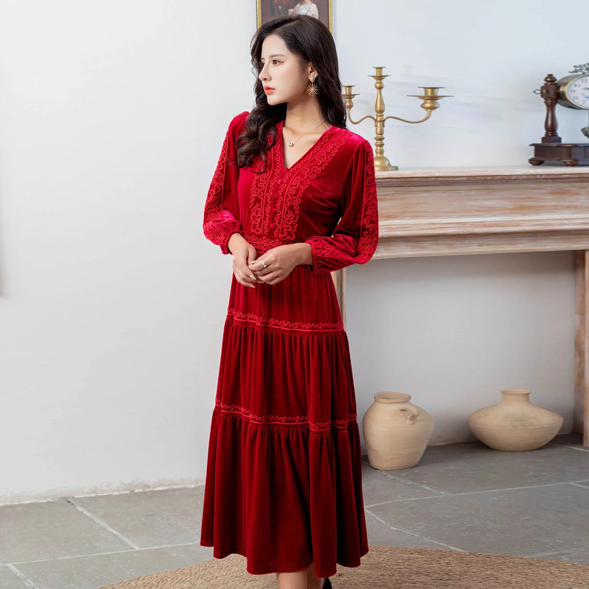 

Jastie Elegant Chic Women's Dress Pure Color Hook Flower Embroidery V-Neck Slim High Waist Vestidos Vintage Ethnic Style Dresses
