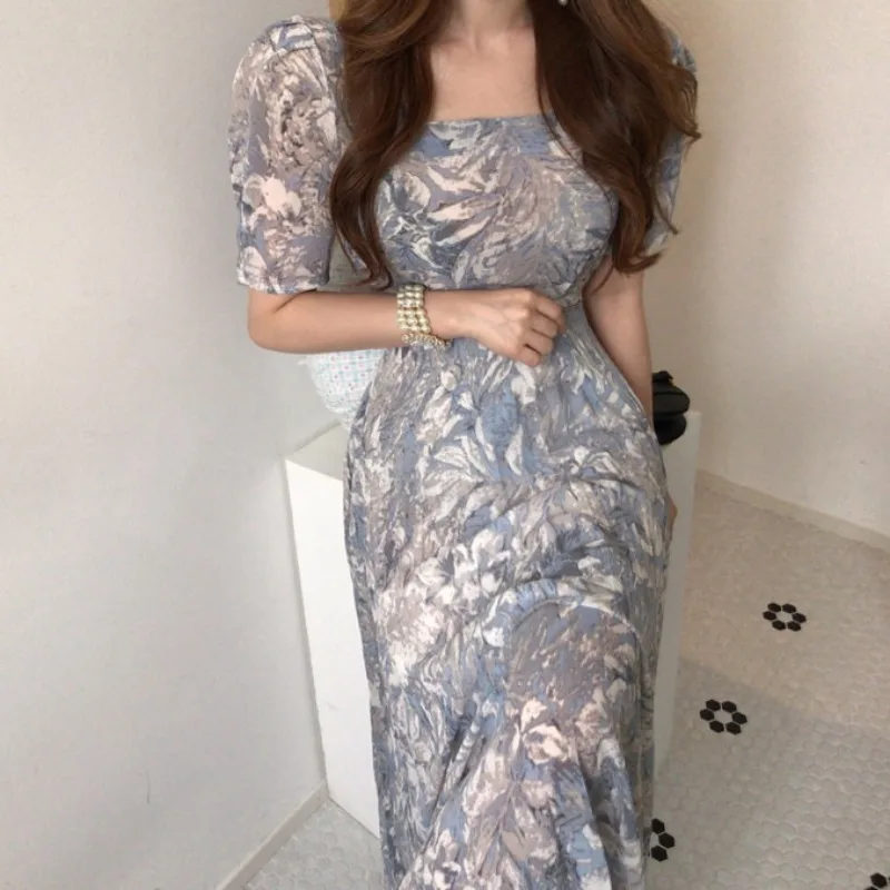 

Женское длинное шифоновое платье, элегантное Плиссированное цельнокроеное платье с винтажным принтом и коротким рукавом, в Корейском стил...