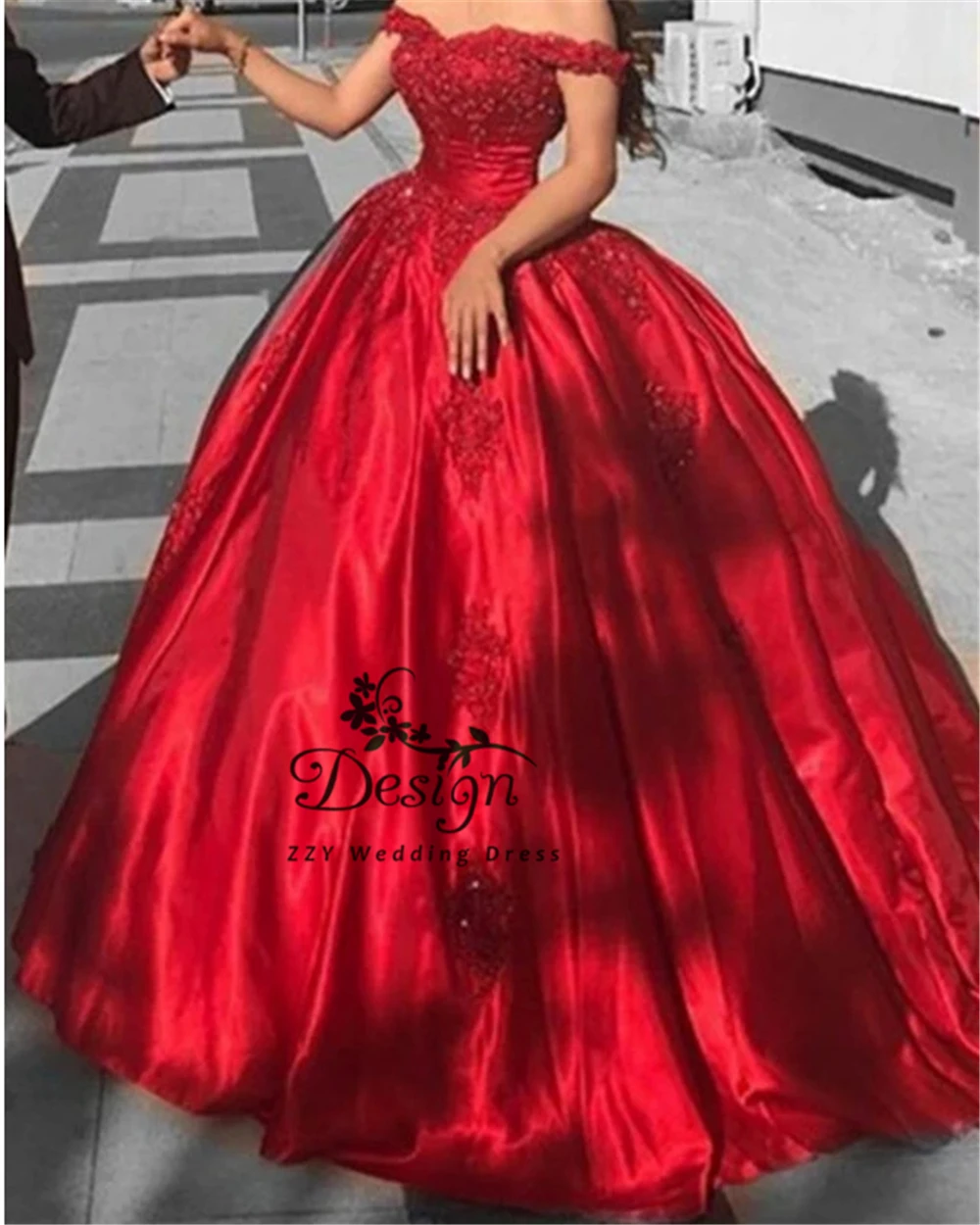 

Red Off The Shoulder Satin Appliques Beading Custom-Made Beading Ball Gown Quinceanera Dresses Girl's Pageant Dress Formal Party