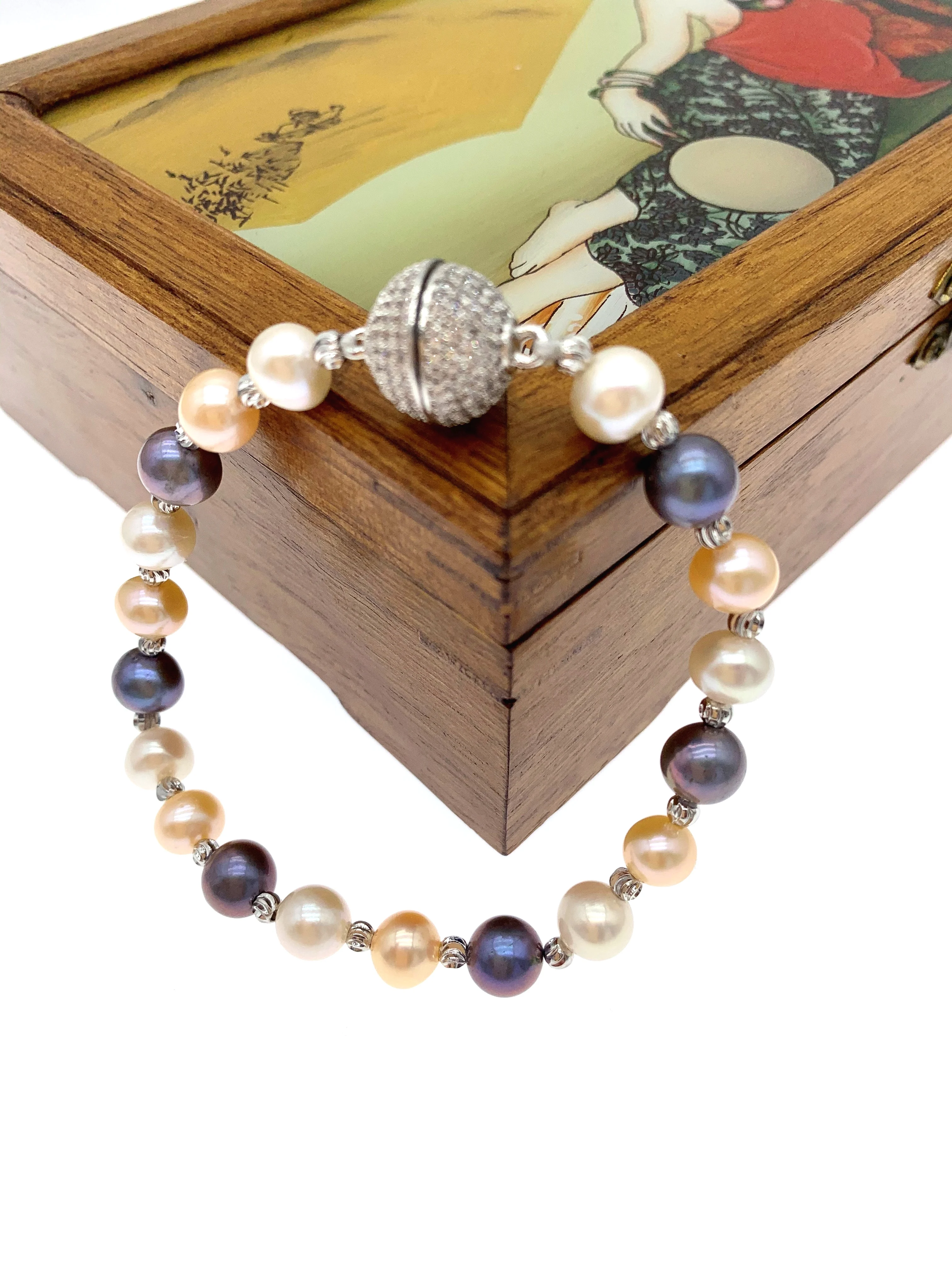 

7-8mm Multicolor White Black Peach Pink Freshwater Pearls Bracelet Combination with 4mm Stainless Steel Beads For Women 7.5 Inch