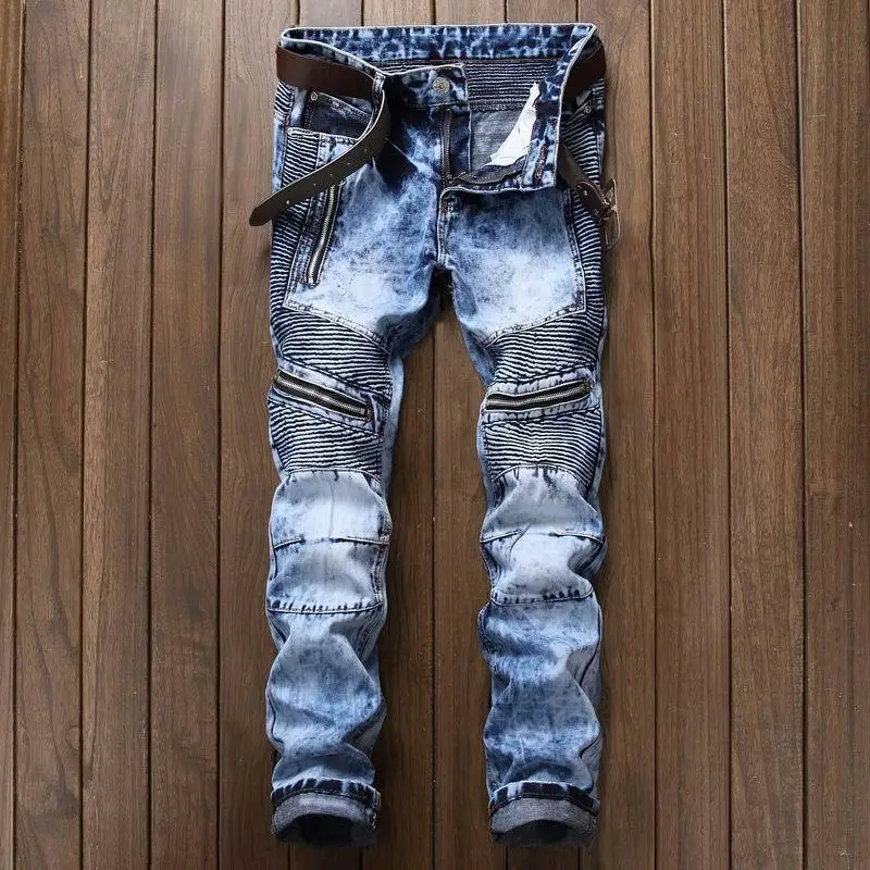 2021 Spring New Brand Fashion Designer Men's Jeans Slim Fit Straight Tube Pleated Zipper Holes Punk Denim Jeans Moto Pants