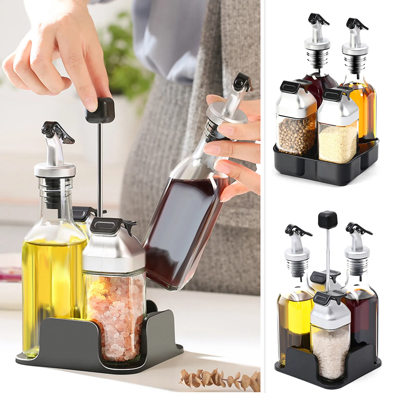 

5-Piece Solid-liquid Combination Set Oil Vinegar Salt And Pepper Dispenser Set Seasoning Ingredient Glass Bottle Dispenser Set