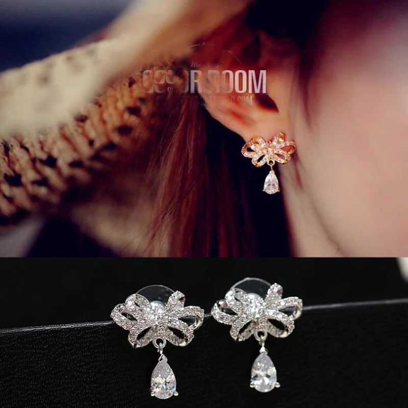 Женские серьги гвоздики золотого цвета с цирконием в форме банта|fashion stud earrings|stud
