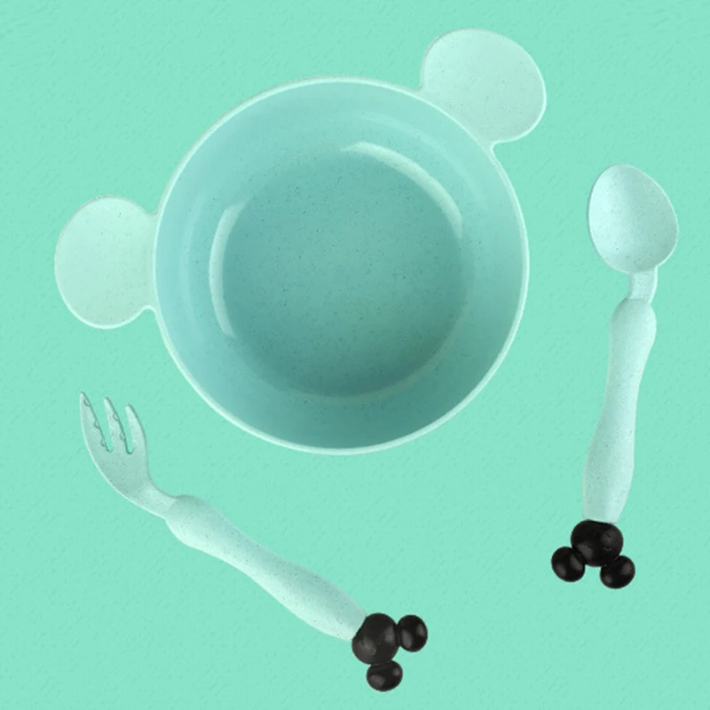 Green Set 3 шт./компл., детская посуда для еды с героями мультфильмов, детская тарелка, посуда для кормления детей ясельного возраста, Детская тренировочная чаша, ложка, вилка - Цвет: Green Set