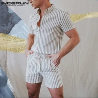 2021 striped men rompers streetwear casual drawstring jumpsuits short sleeve button stylish men overalls playsuits s 5xl incerun
