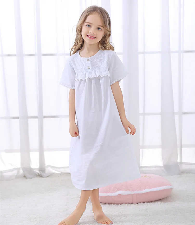 

Girls Princess Night Gown Summer Short Sleeve Pure Cotton Cloth Cute Long Nightgown Girls Princess Night Gown