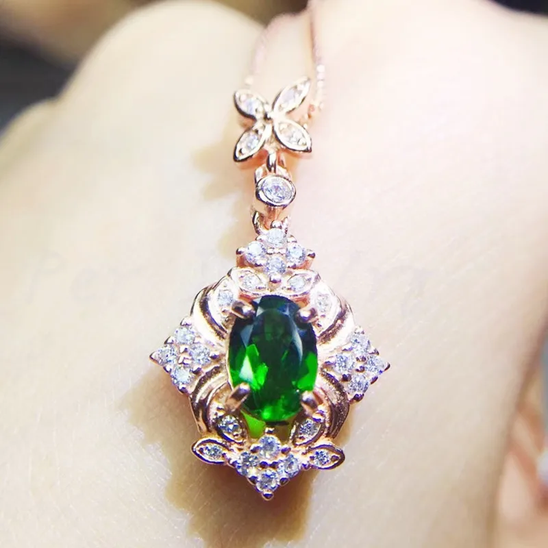 Per jewelry Natural real diopside flower style necklace pendant 1ct gemstone Free shipping 925 sterling silver Q910261 | Украшения и