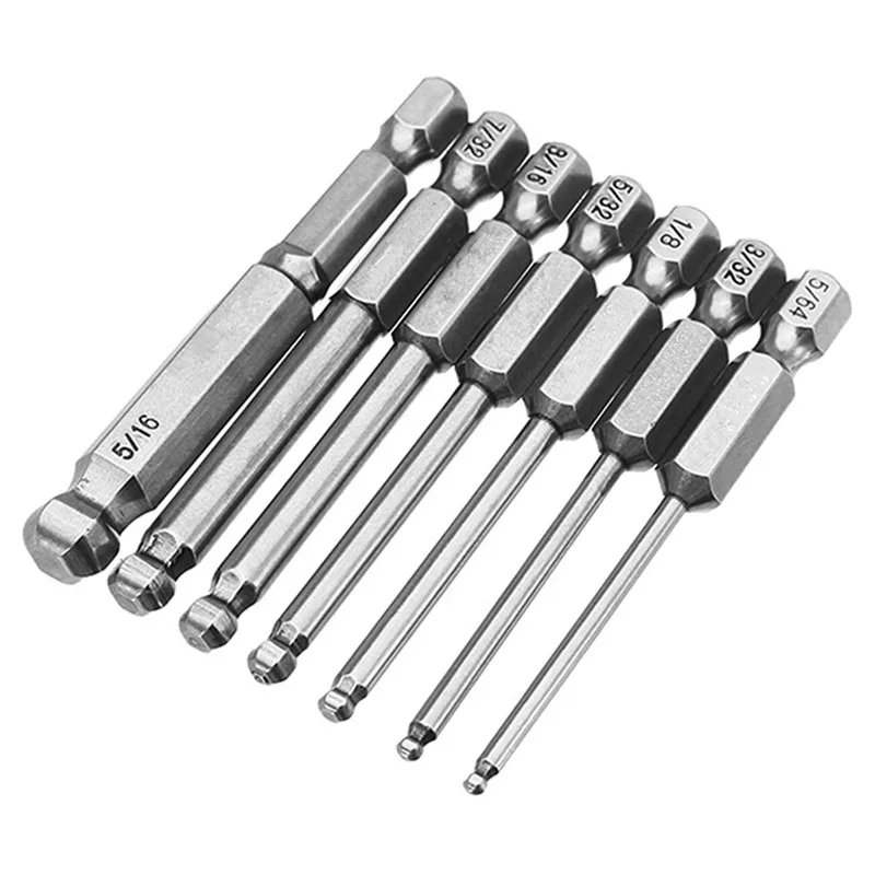 

Broppe 7pcs SAE 5/64-5/16 Inch 65mm Magnetic Ball End Screwdriver Bits 1/4 Inch Hex Shank S2 Steel Electric Screwdriver Bit Set