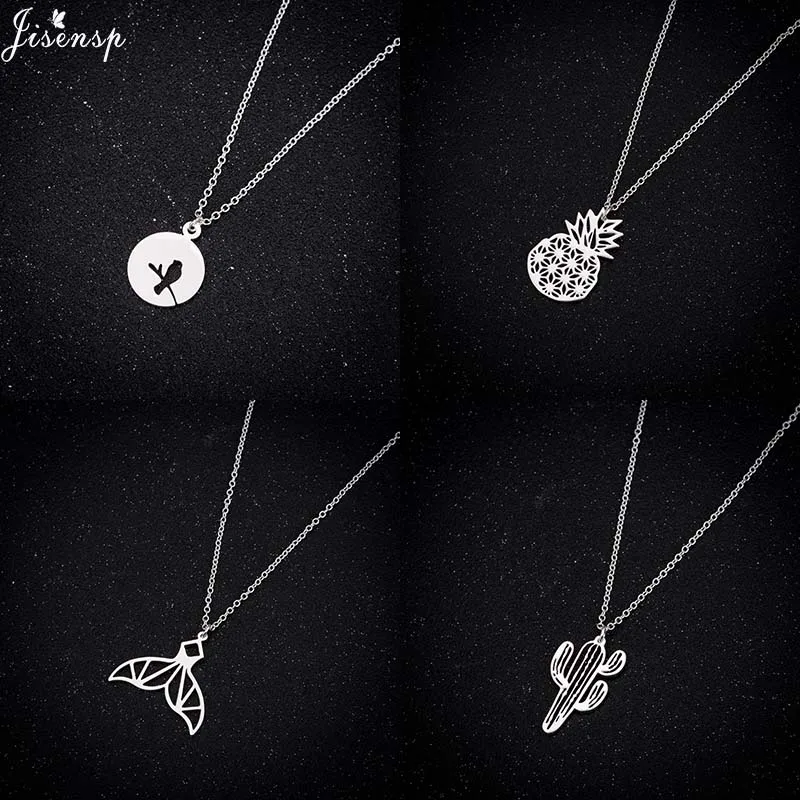 

Jisensp, простое модное ожерелье с подвеской в виде Милых птиц в деревьях для женщин, винтажное ожерелье из нержавеющей стали с ананасом и КАКТУ...