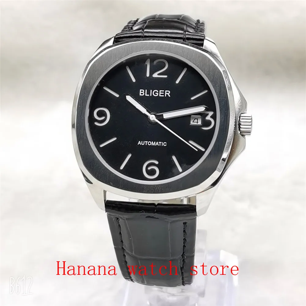 

Bliger 40mm Square Automatic Men's Wristwatch Blue Dial Miyota 8215 Sapphire glass Date window polished leather strap mes watch