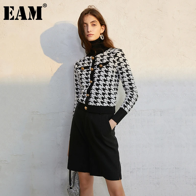 

[EAM] Plaid Knitting Cardigan Sweater Loose Fit Turtleneck Long Sleeve Women New Fashion Tide Autumn Winter 2022 1DD3313
